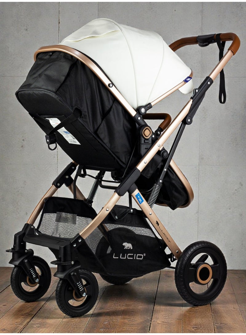 لوسيد عربة أطفال سينا، عربة أطفال فاخرة بمظلة وغطاء جلد من لوسيد أبيض - Image 4